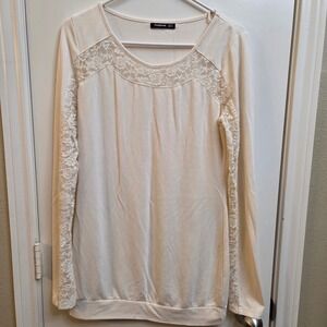 PattyBoutik Cream Lace Trim Long Sleeve Top Women's Size L